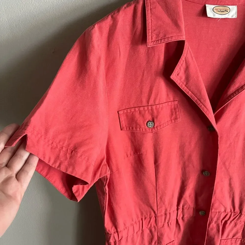 Talbots Linen Blend Shirt-Dress With Pockets Short Sleeve Red Rustic M-L